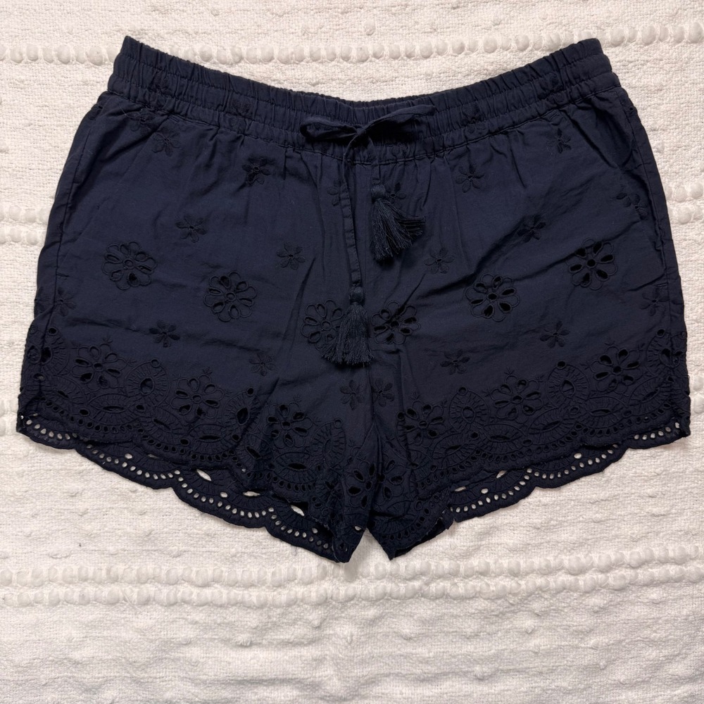 Loft Navy Blue Eyelet Floral Scalloped Hem Tassel Drawstring Shorts XS